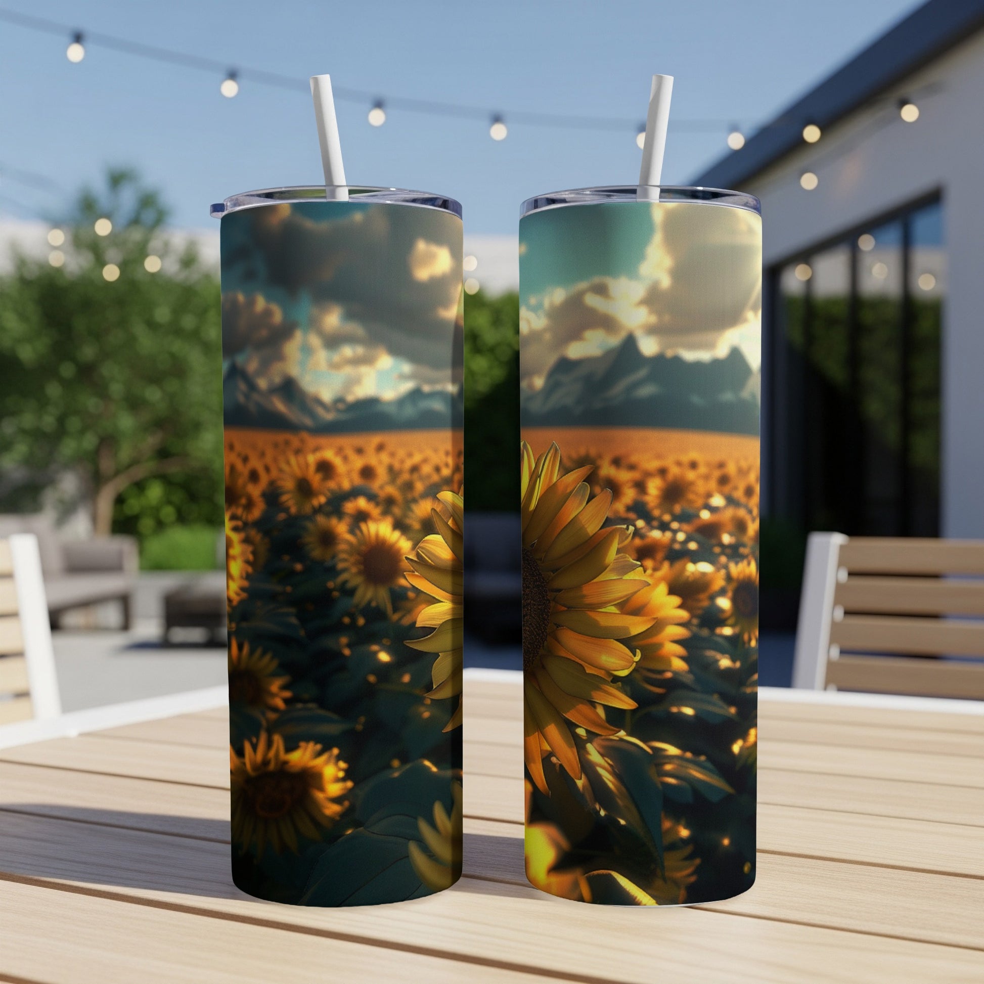 Two tumblers featuring a field of sunflowers under a cloudy sky.