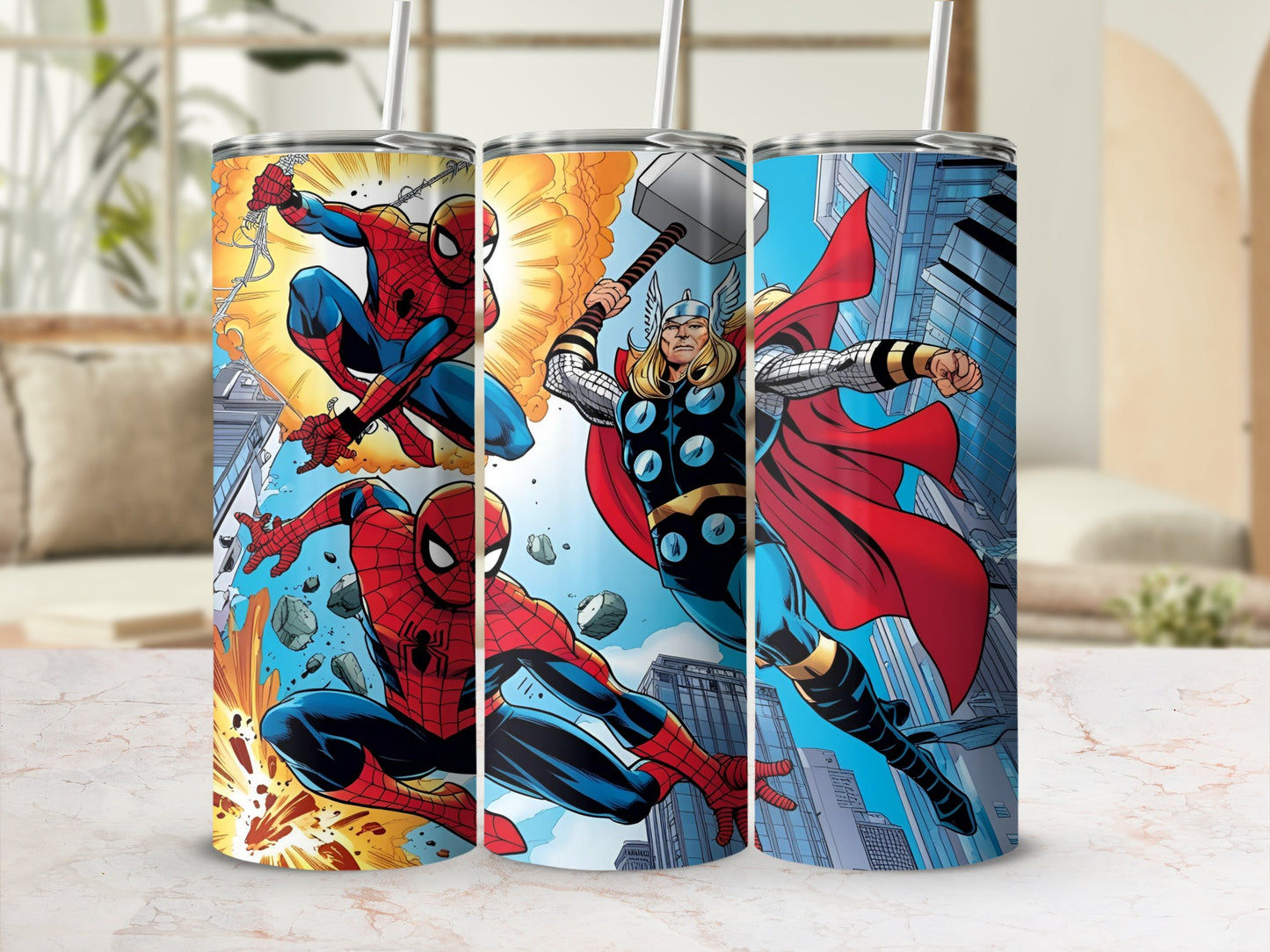 Spider-Man and Thor in dynamic action poses on comic-style backgrounds.