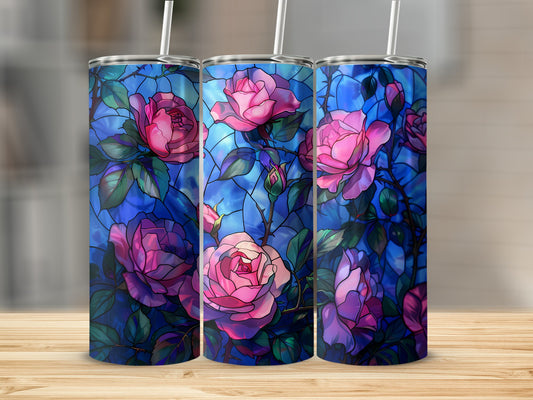 Three tumblers with pink roses and blue stained glass design.