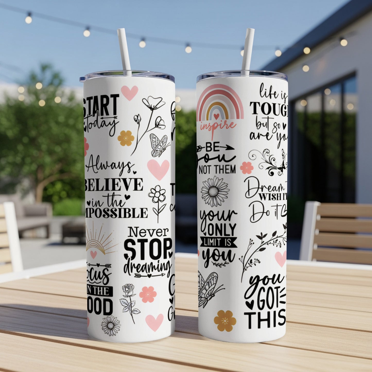 Two tumblers with inspirational quotes and floral designs, "Start Today" and "Life is Tough".