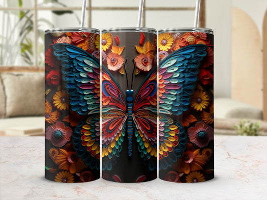 Tall tumbler with colorful butterfly and floral design on dark background.