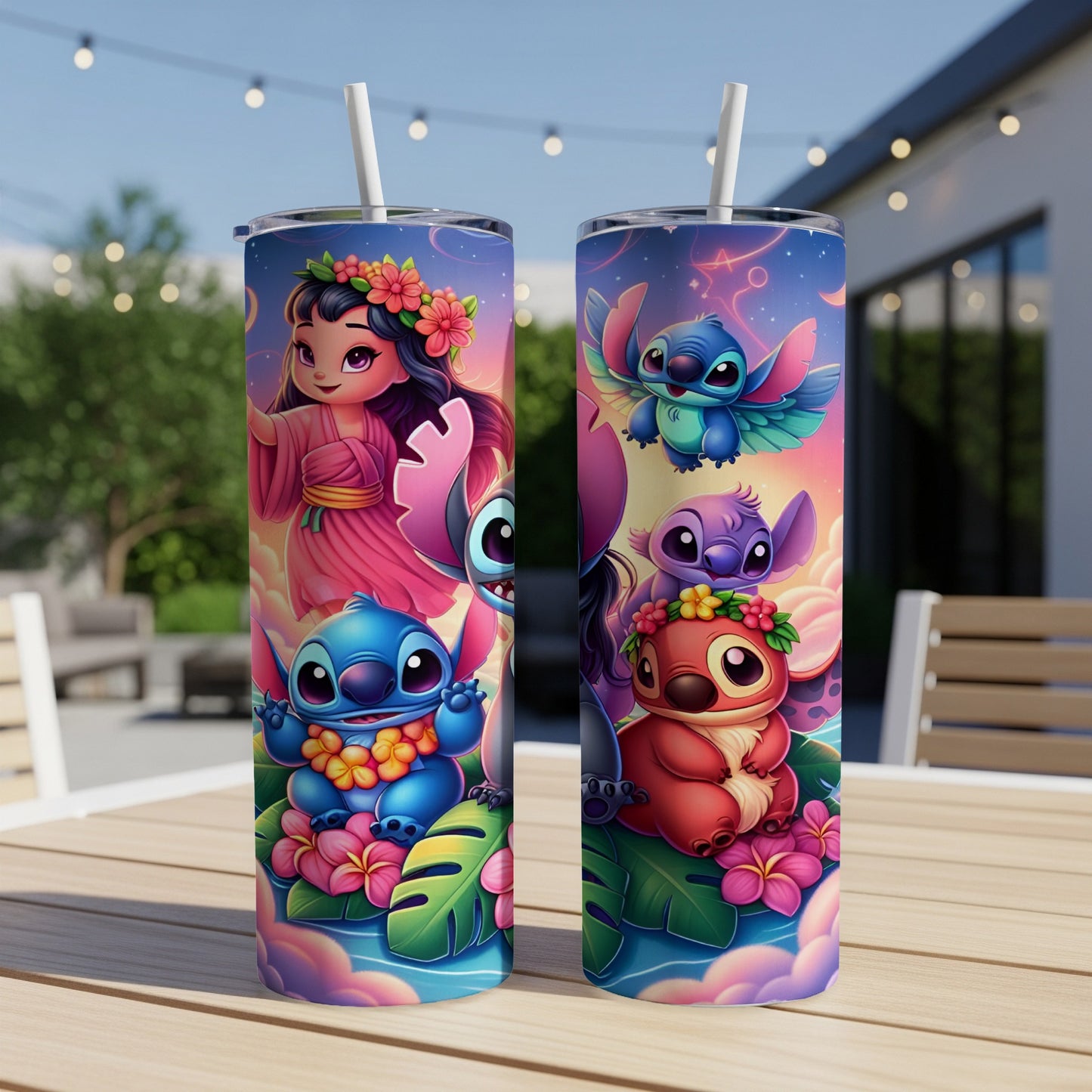 Two Stitch character tumblers with floral accents, featuring Lilo and other Disney characters.