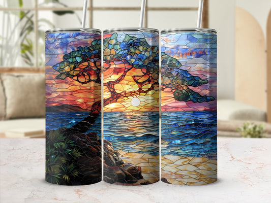 Three tumblers featuring a stained-glass sunset ocean tree design.