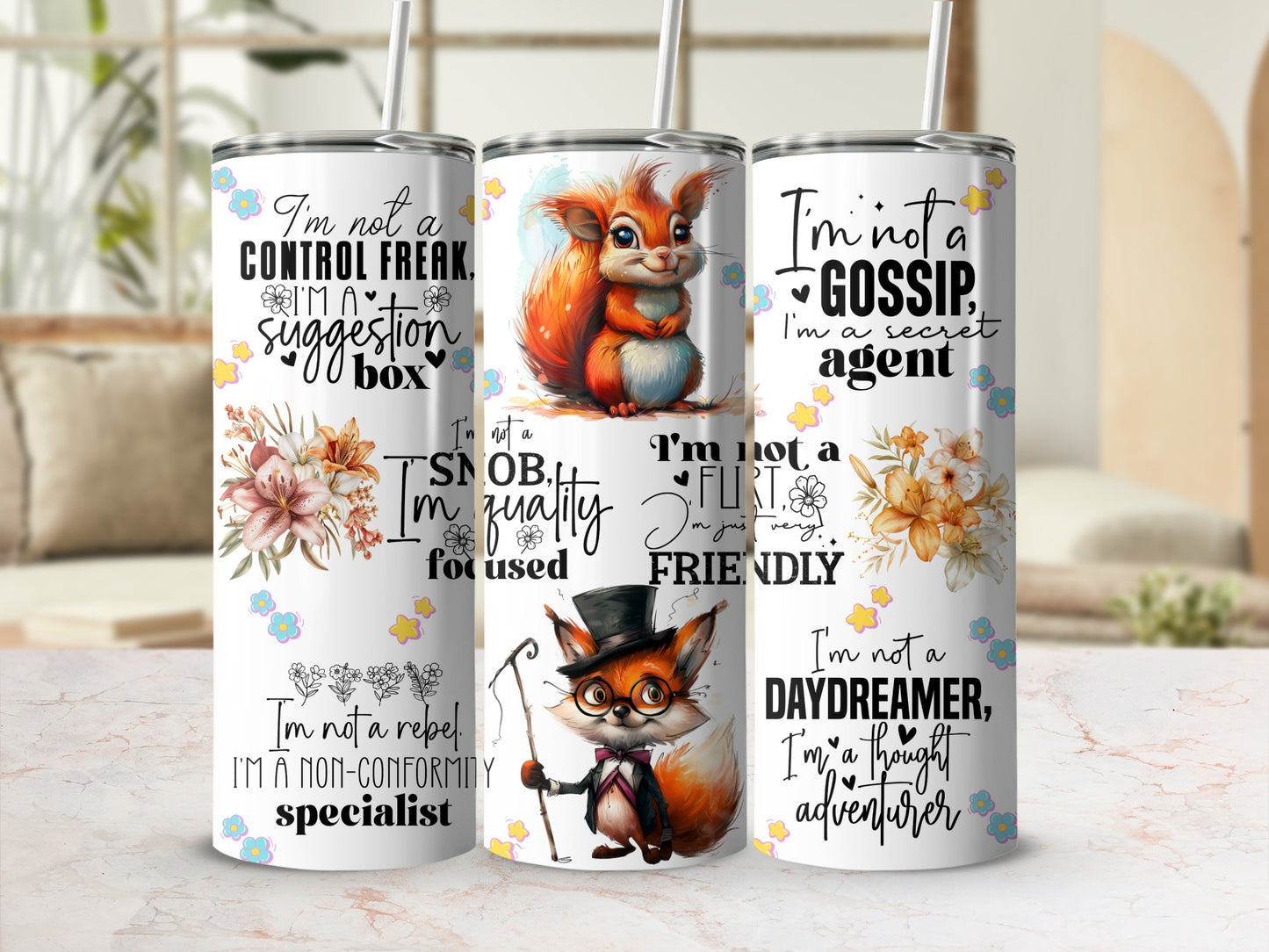 Humorous Quips Animal Illustrations Tumbler product type
Humorous Tumbler, Witty Quotes, Funny Sayings, Animal Art, Cute Squirrel, Dapper Fox, Sarcastic Humor, Unique Gift Idea, Control Freak, Suggestion Box, Quality Focused, Nonconformity, Secret Agent, Friendly Flirt, Daydreamer, Thought Adventurer, Daily Affirmation, Drinkware Accessory, Personality Mug, Quirky Character