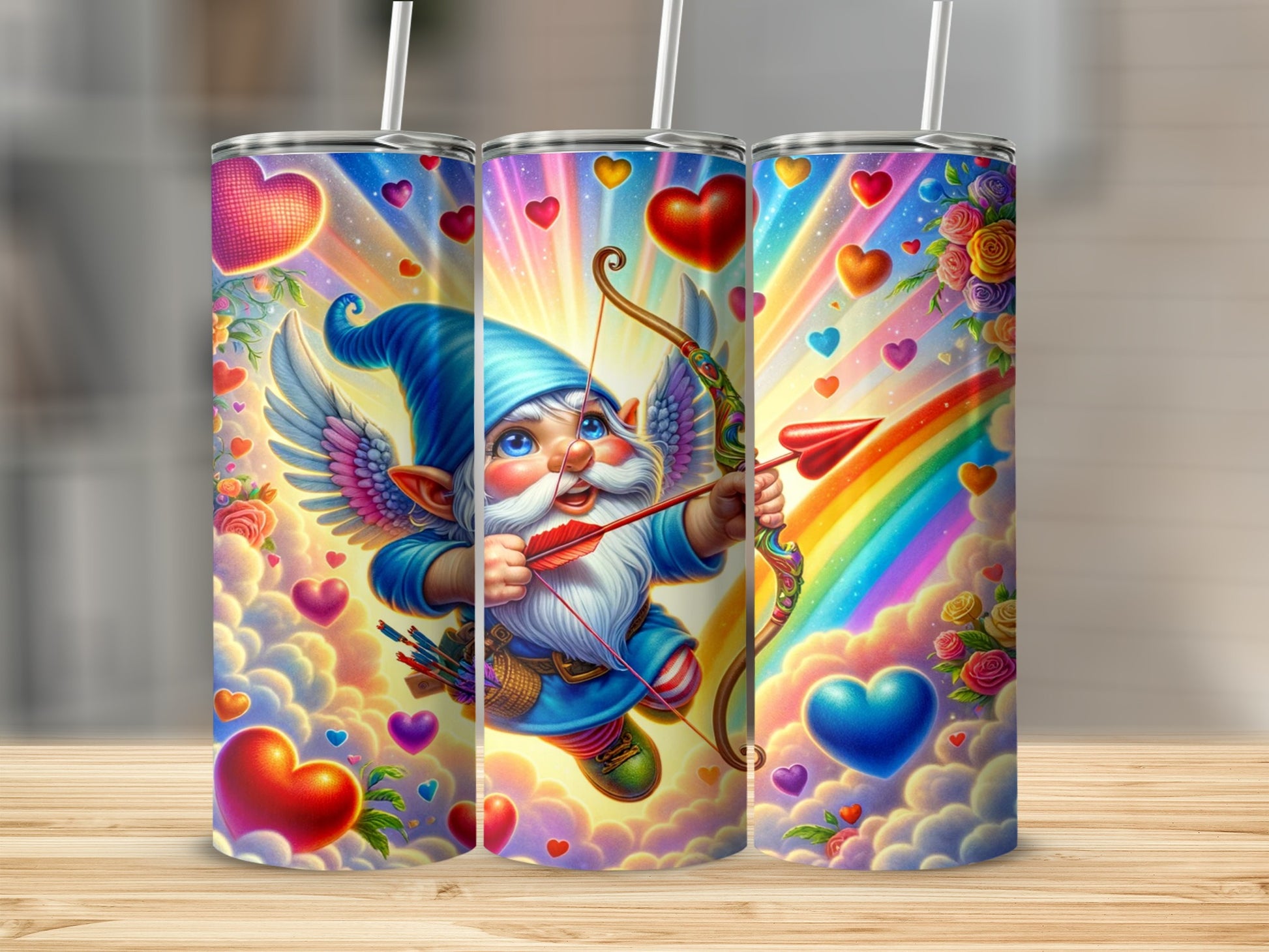 Colorful Gnome with Bow Rainbow and Hearts Tumbler