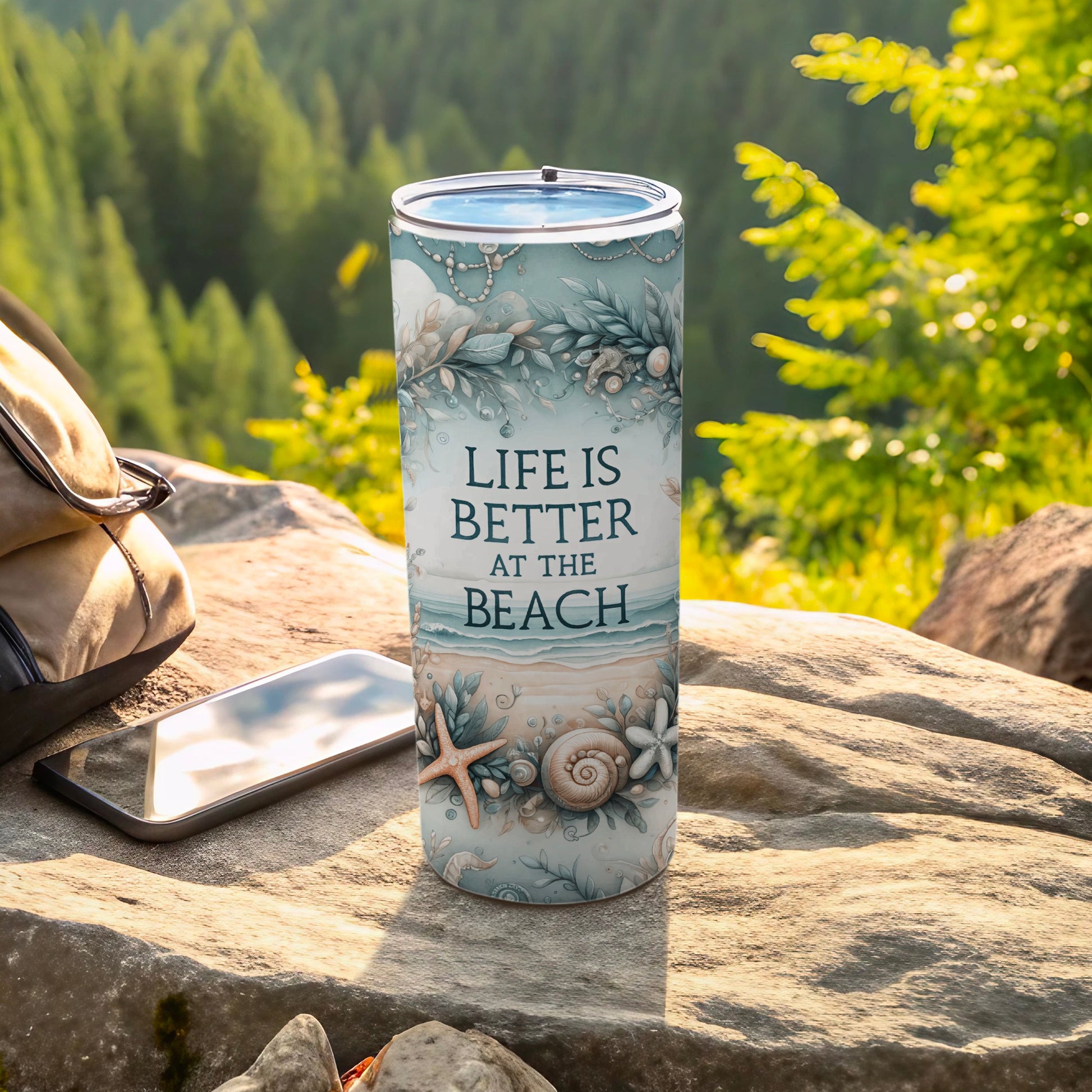 Blue and white beach-themed tumbler with text "Life is Better at the Beach."