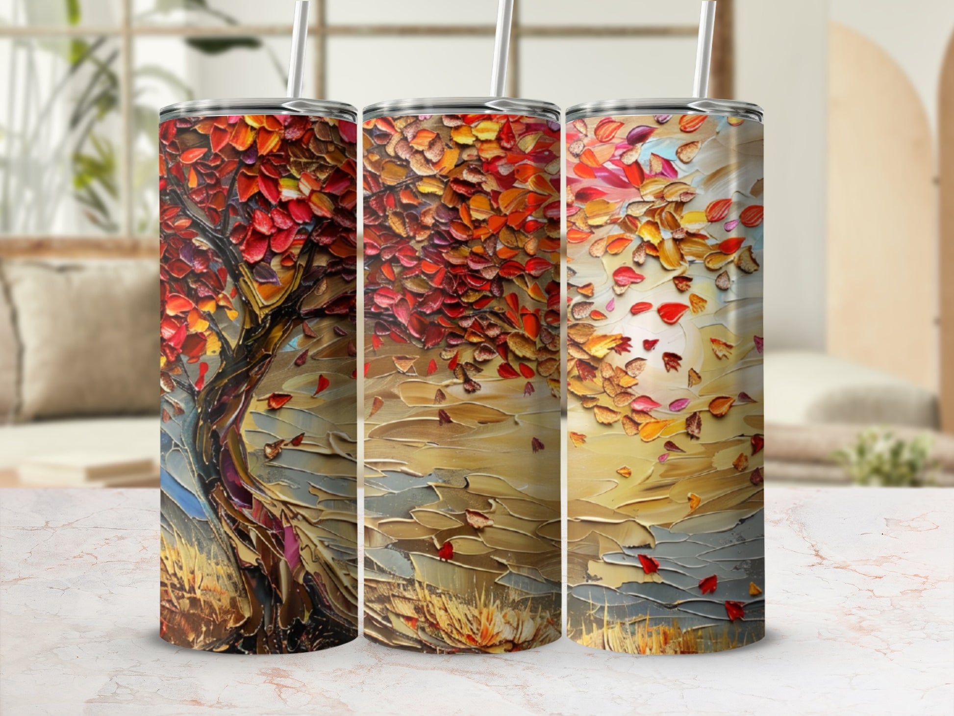 Tumbler with autumn tree and falling leaves in textured painted style.