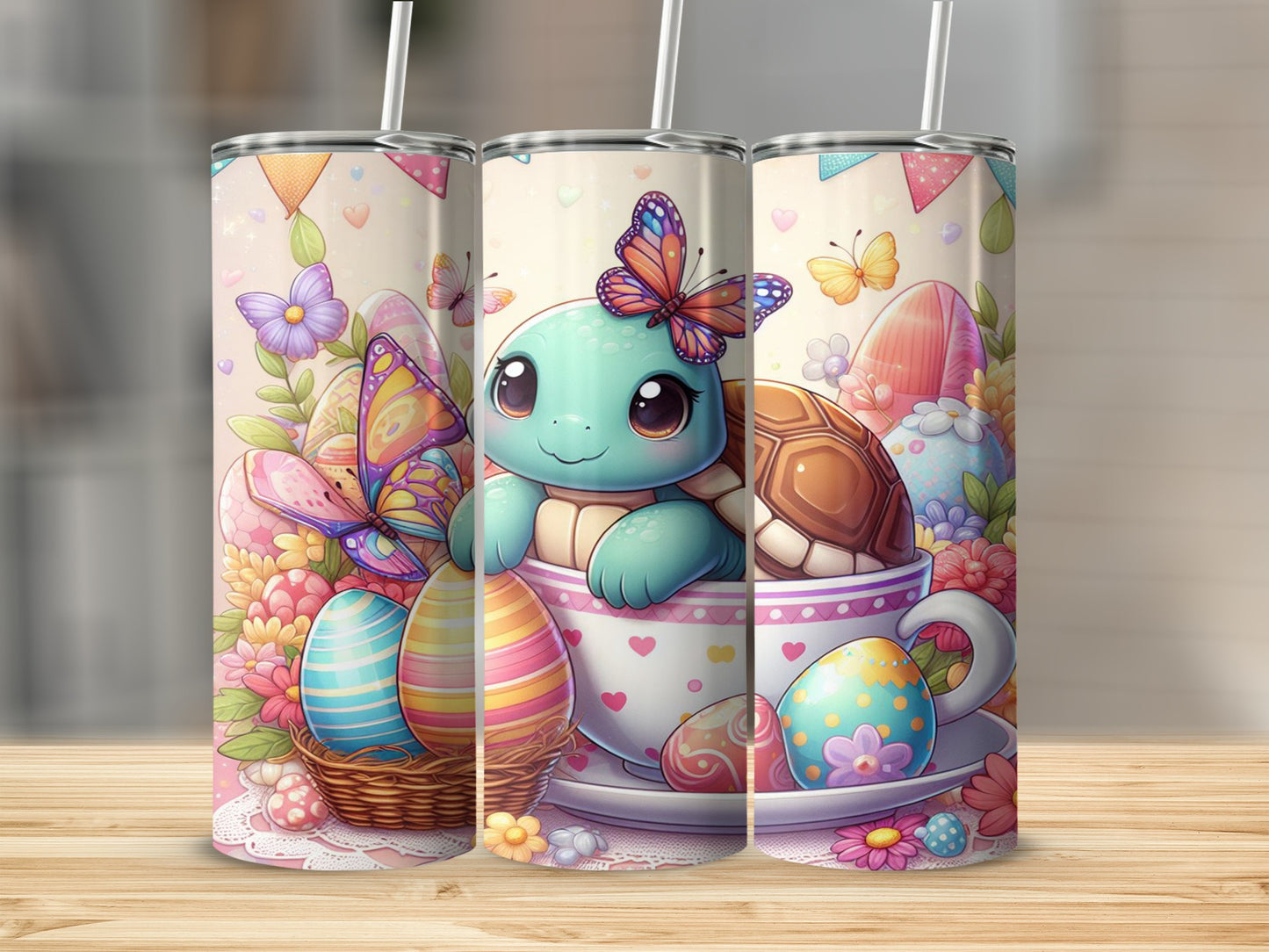 Cute cartoon turtle in teacup surrounded by Easter eggs and butterflies.