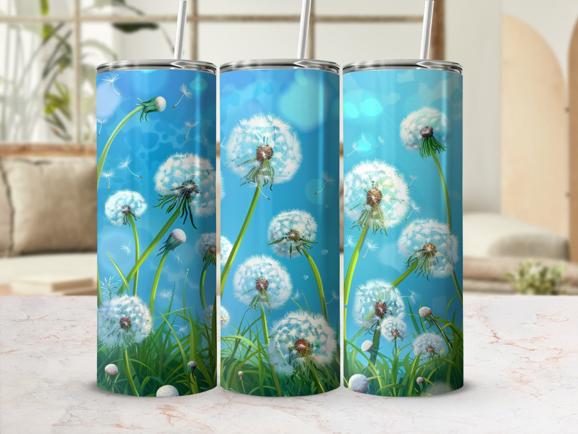Three tumblers with dandelions against a blurred blue sky background.