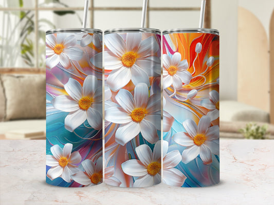 Three tumblers with white floral patterns on a bright, abstract background.