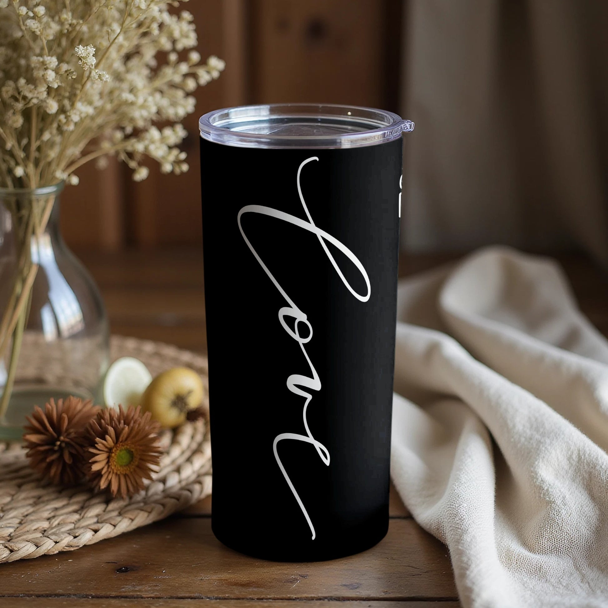 Love Script Black Tumbler with Lid Travel Mug Gift