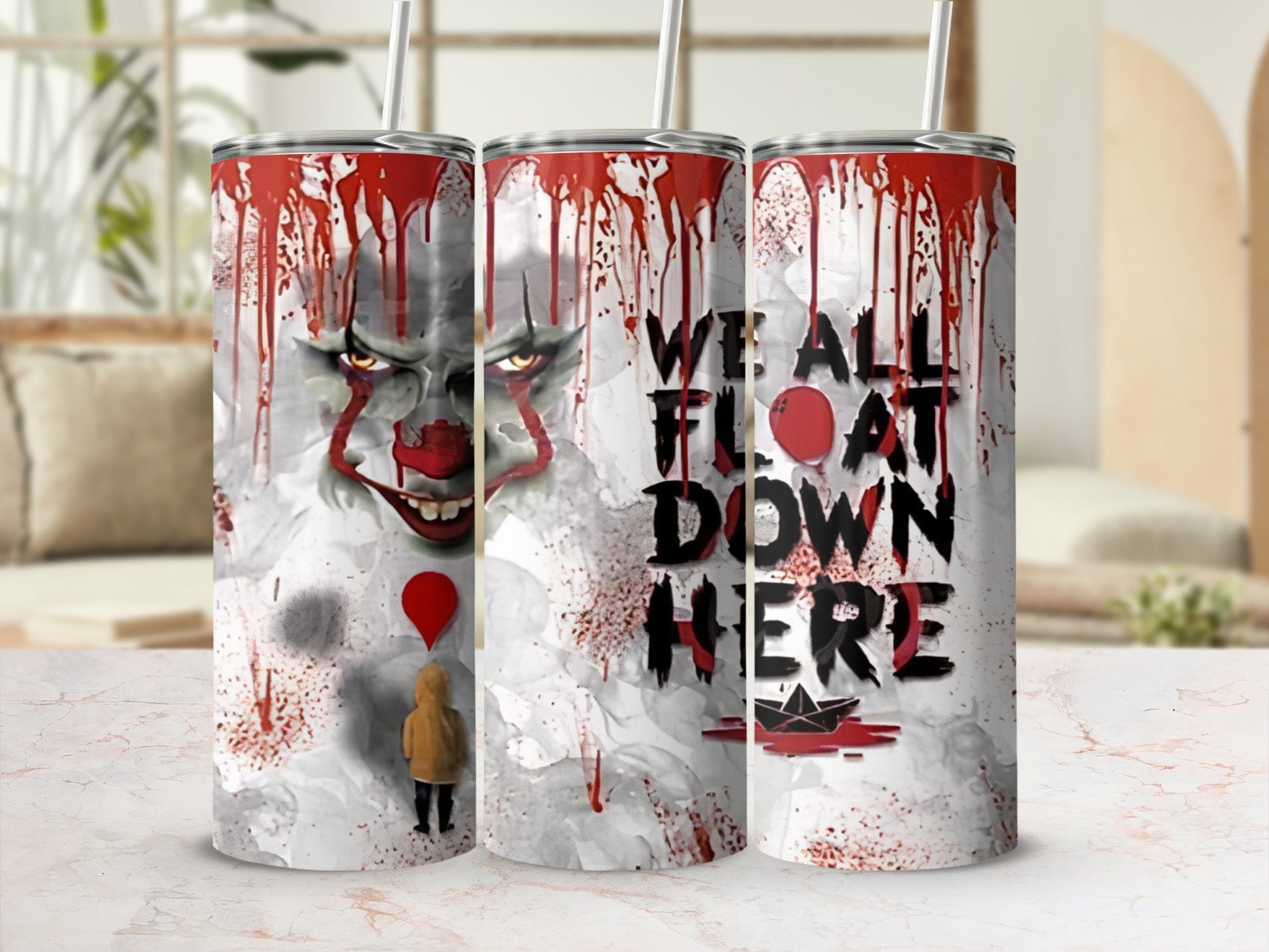 Pennywise the clown with a red balloon and the text "We all float down here".