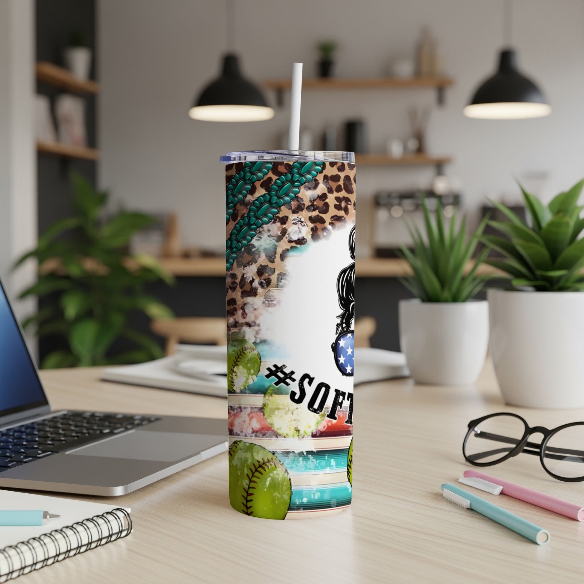 Softball mom tumbler with leopard print, messy bun, and "#SoftballMom" text.