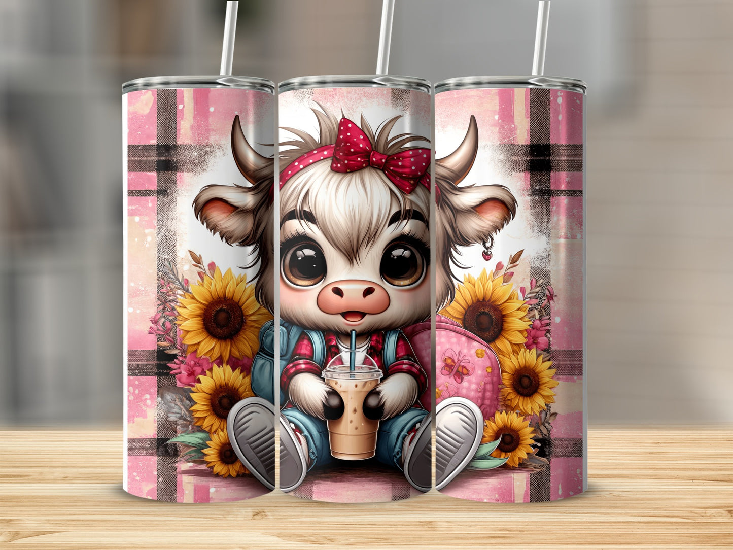 Cute cartoon cow with sunflowers and coffee on plaid background.