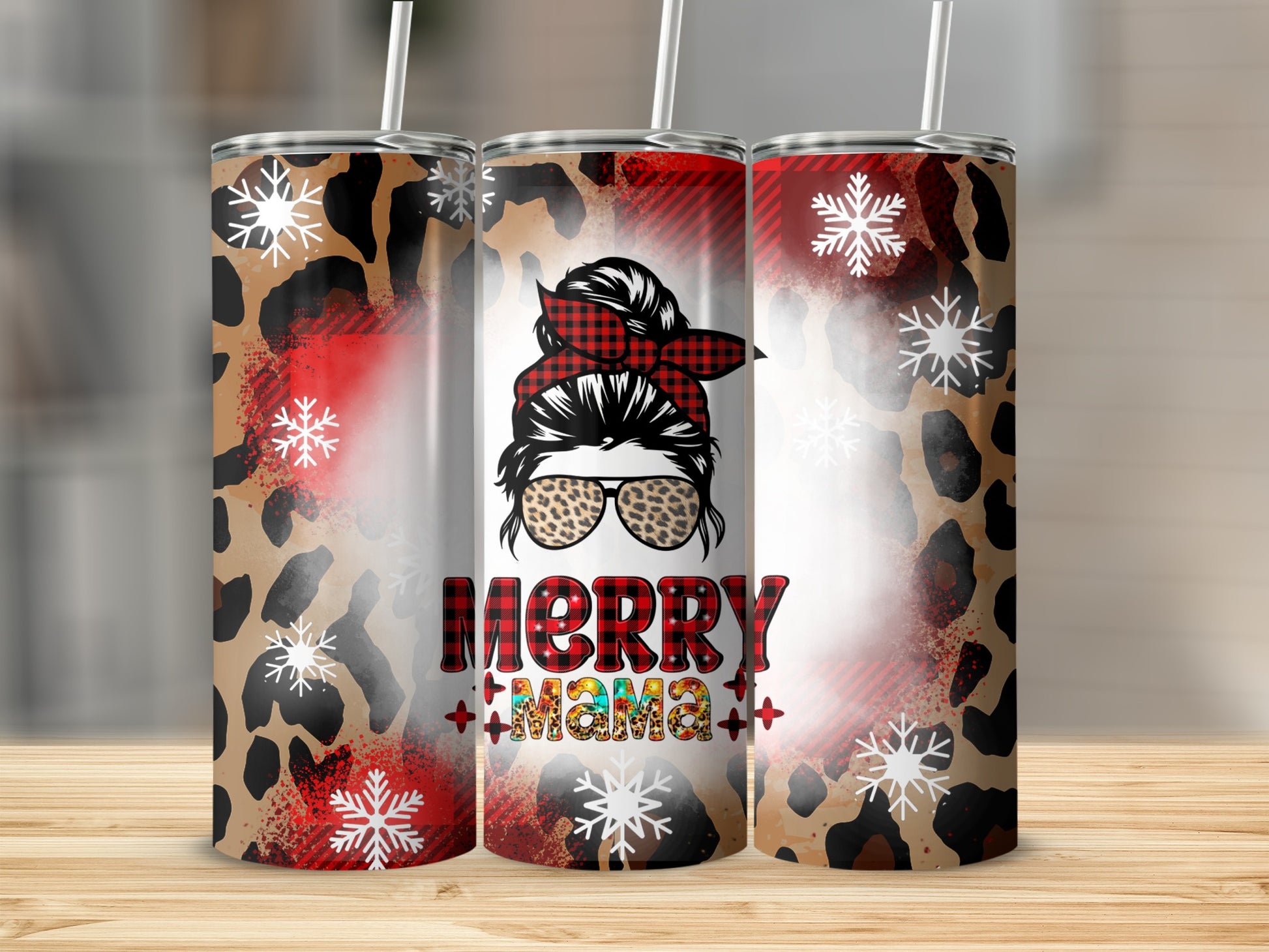 Merry Mama tumbler with leopard print, buffalo plaid, and snowflakes.