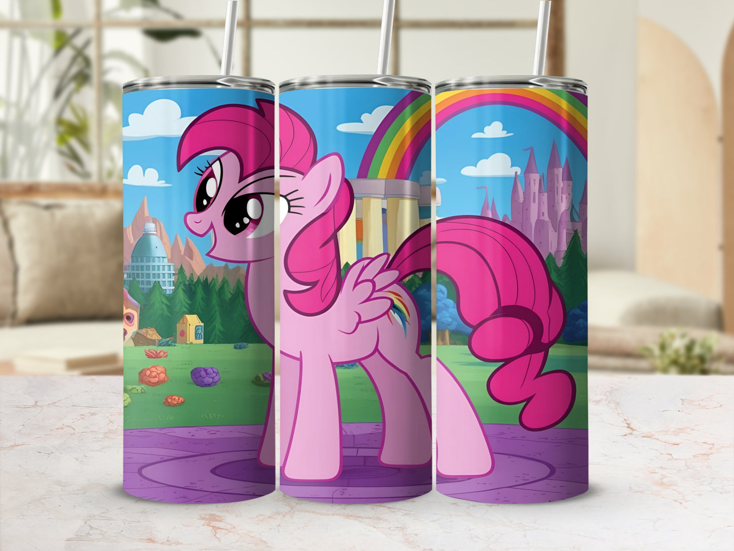 Pink cartoon pony with rainbow and castle background on a tumbler.