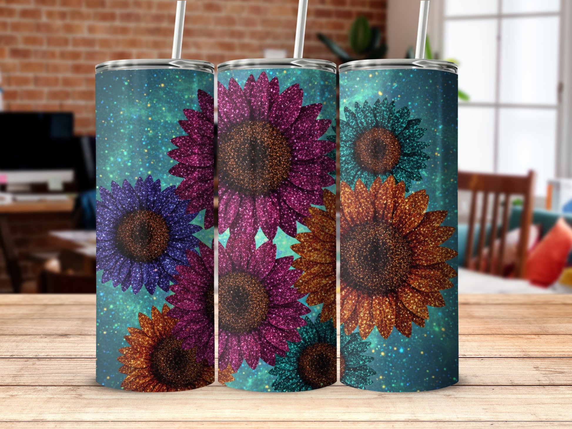 Glittery Sunflower Stainless Steel Tumblers