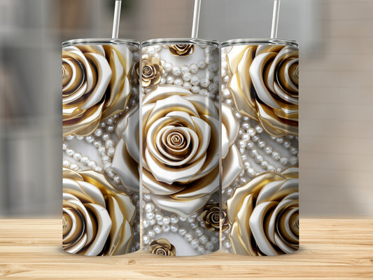 Three metallic gold and white roses with pearl strands on a textured background.