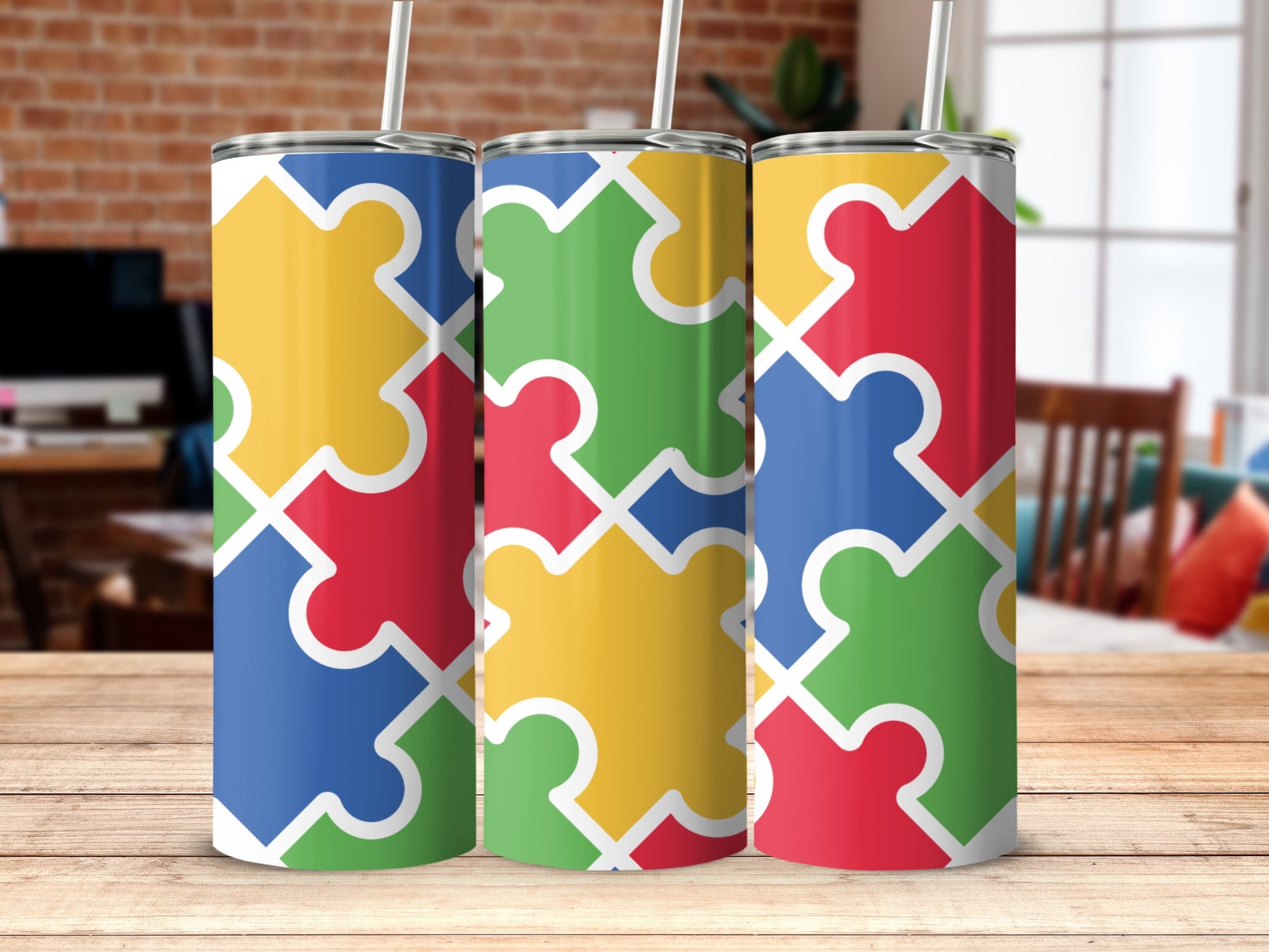 Vibrant Puzzle Piece Design Insulated Tumbler Cup