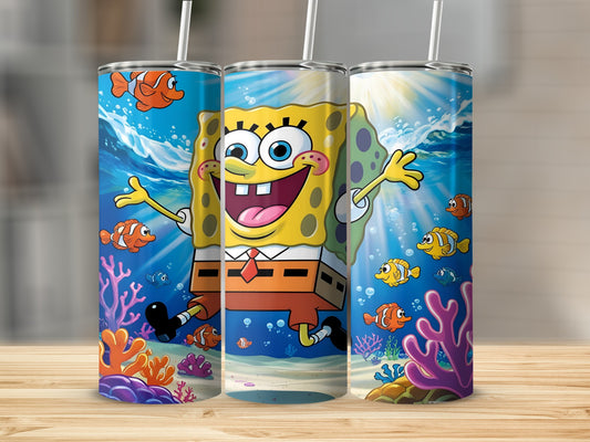 SpongeBob SquarePants smiling with arms outstretched, underwater scene.
