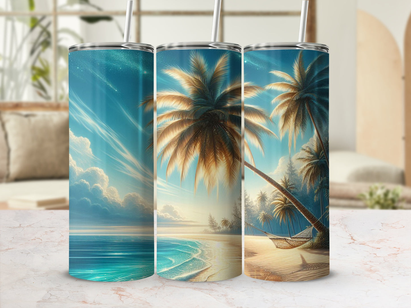 Three tumblers with tropical beach sunset scenes, palm trees, and ocean.