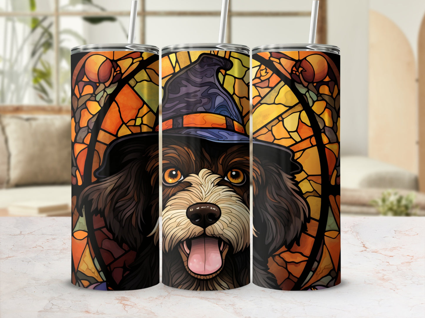 Dog wearing a witch hat, stained glass pattern, on three tumblers.