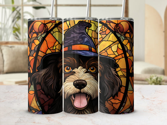 Dog wearing a witch hat, stained glass pattern, on three tumblers.