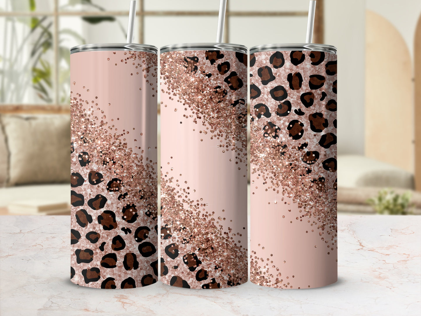 Pink tumbler with leopard print and rose gold glitter.
