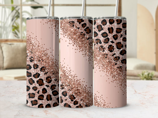 Pink tumbler with leopard print and rose gold glitter.