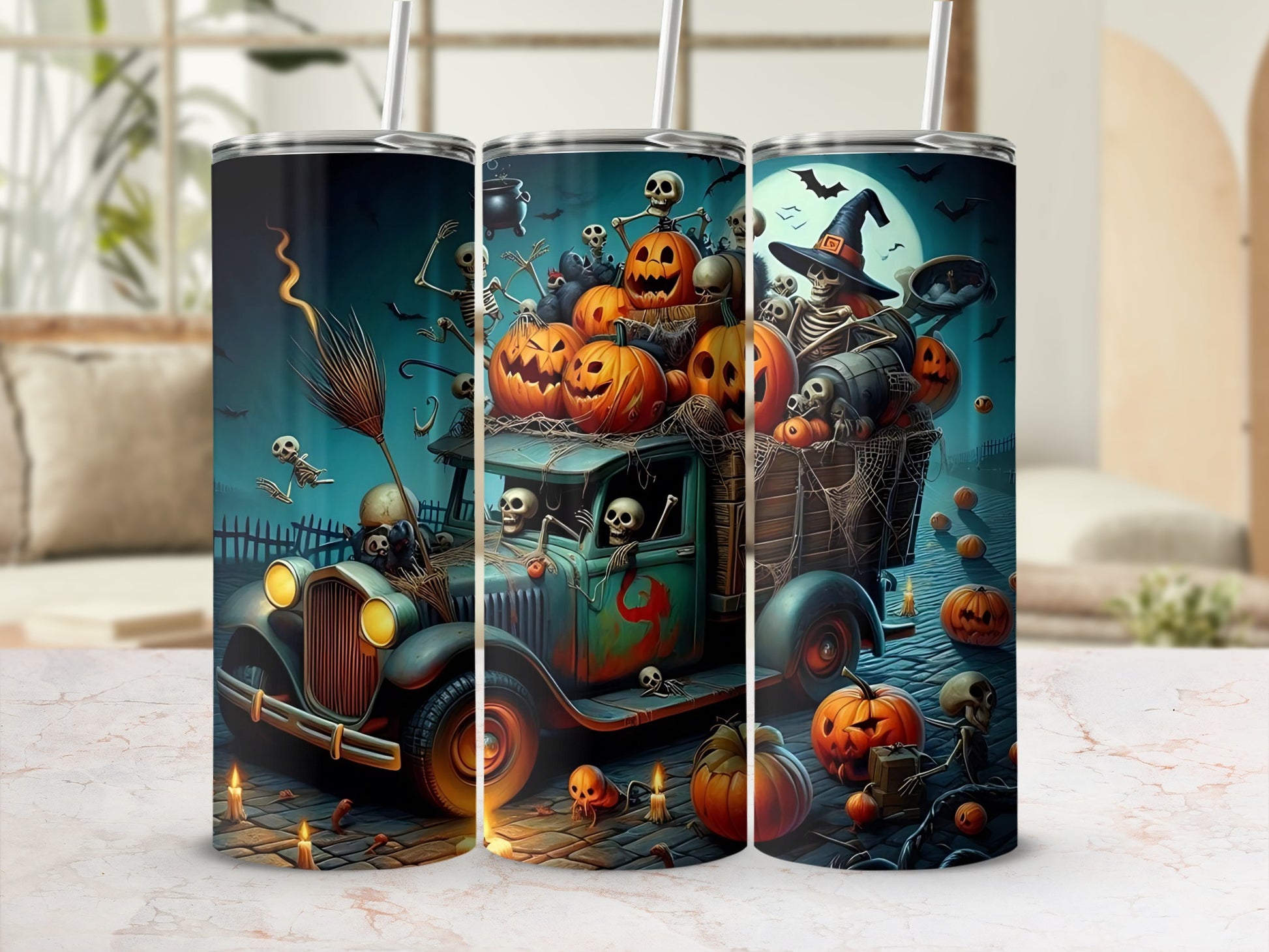 Halloween scene with skeletons, pumpkins, and a vintage truck