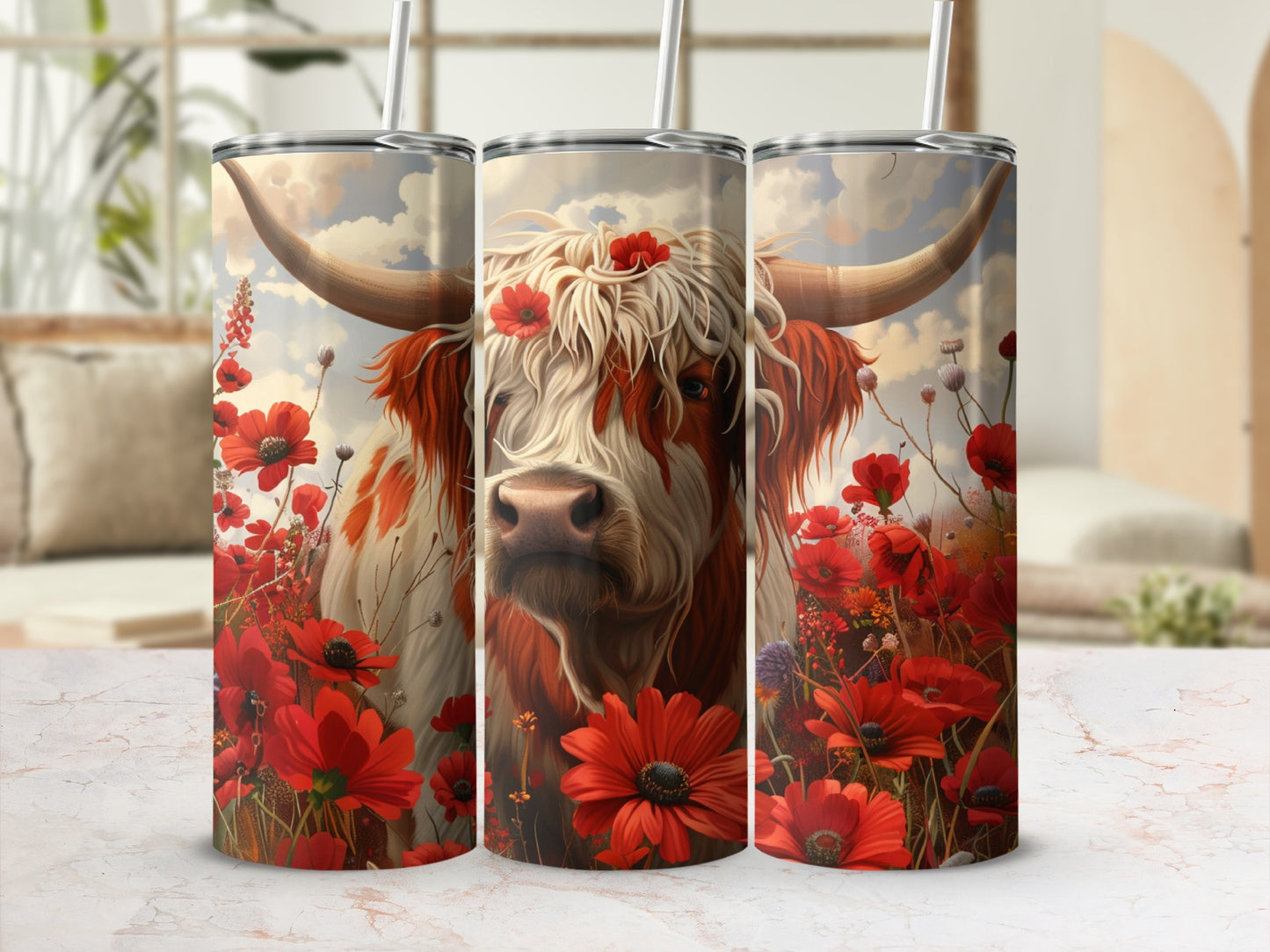 Highland cow with red poppies and floral background on a tumbler.