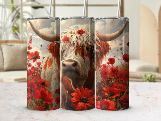 Highland cow with red poppies and floral background on a tumbler.