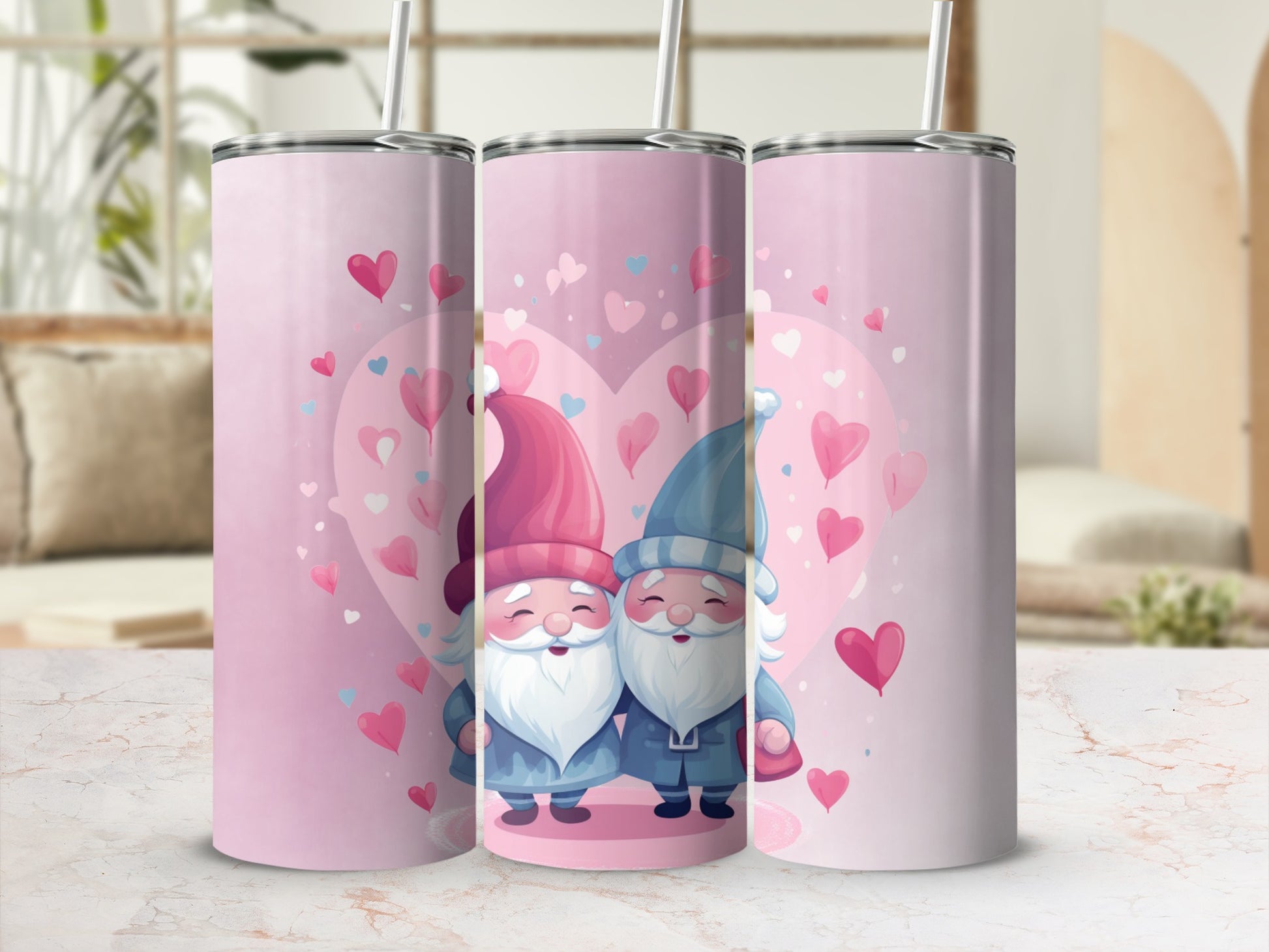 Cute Gnomes with Hearts Pink and Blue Themed Tumbler