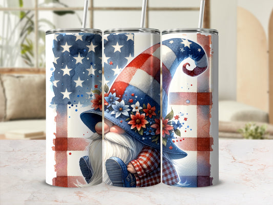 Gnome with American flag hat and checkered clothes.