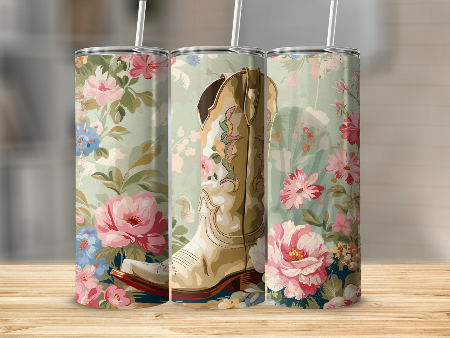 Cowboy boot with floral background pattern.