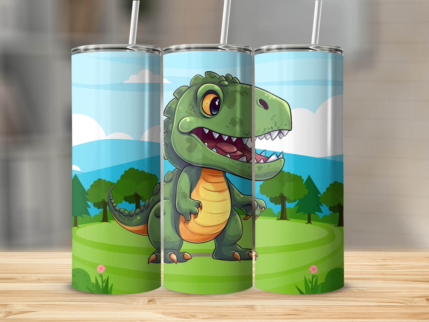 Cute Cartoon Dinosaur Green Landscape Tumbler Product