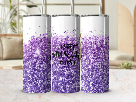 White tumbler with purple glitter and "Best Mom Ever" text.