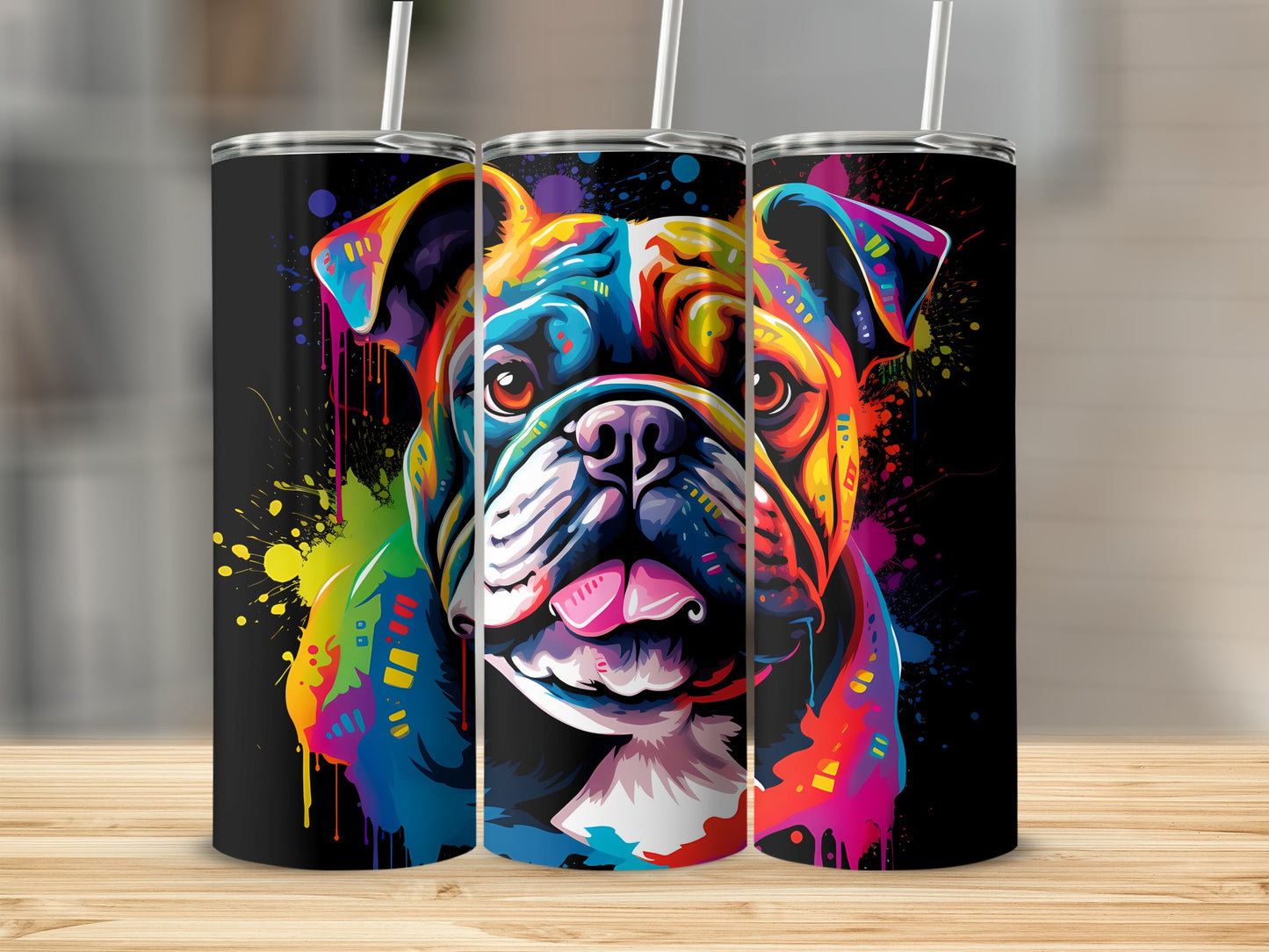Colorful bulldog illustration on three tumblers with black background.