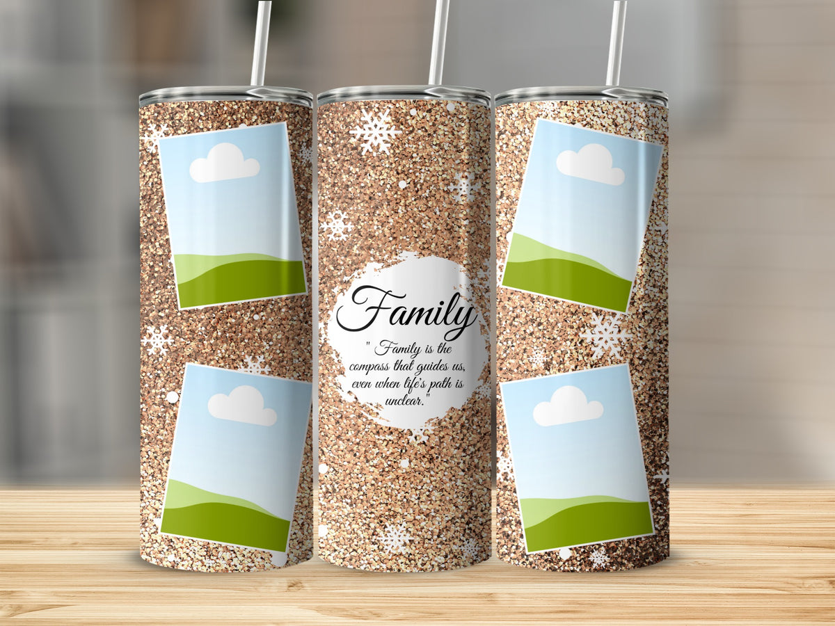 Glittery tumblers with photo placeholders and the quote "Family is the compass that guides us".