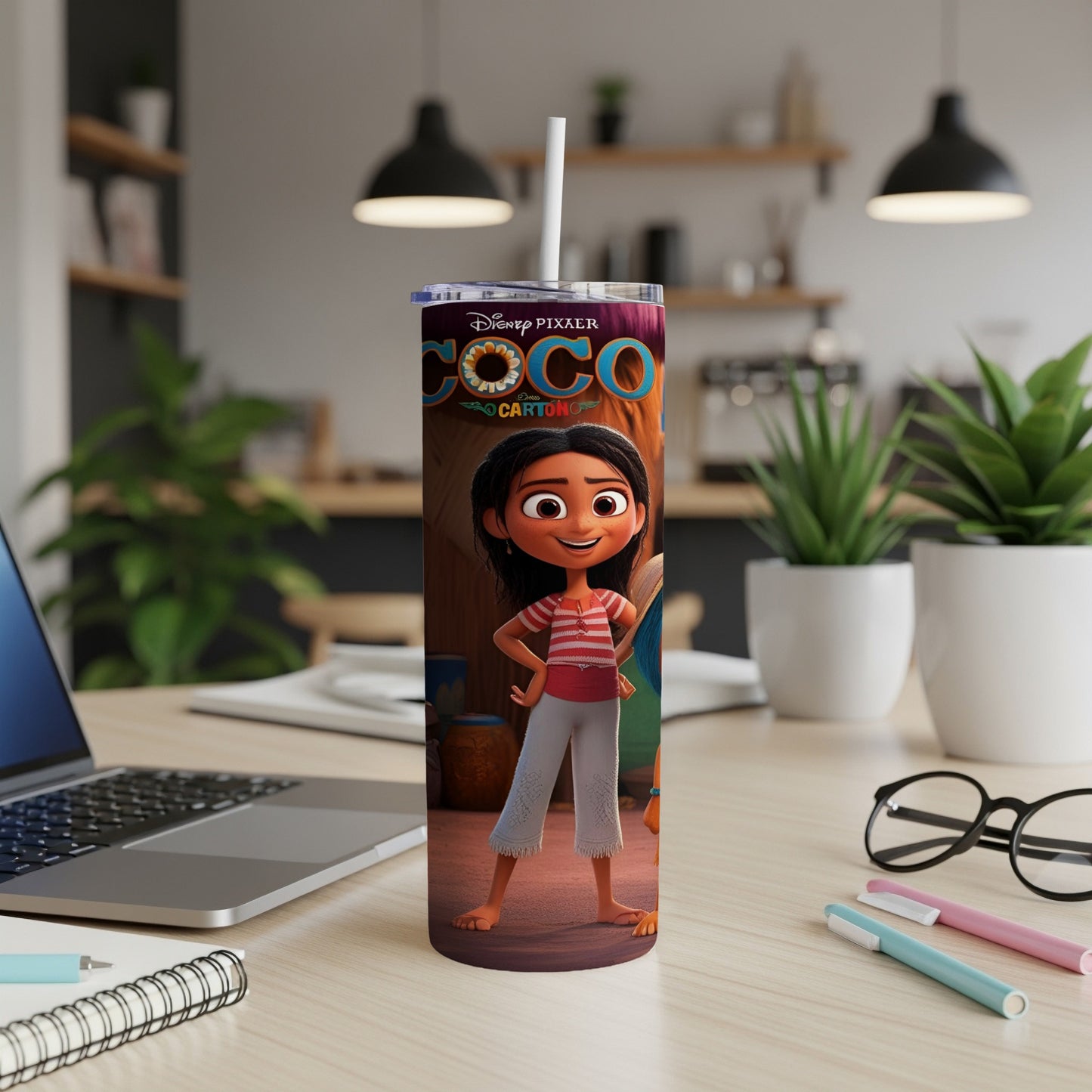 Miguel and Mamá Coco characters on a Disney Pixar tumbler.