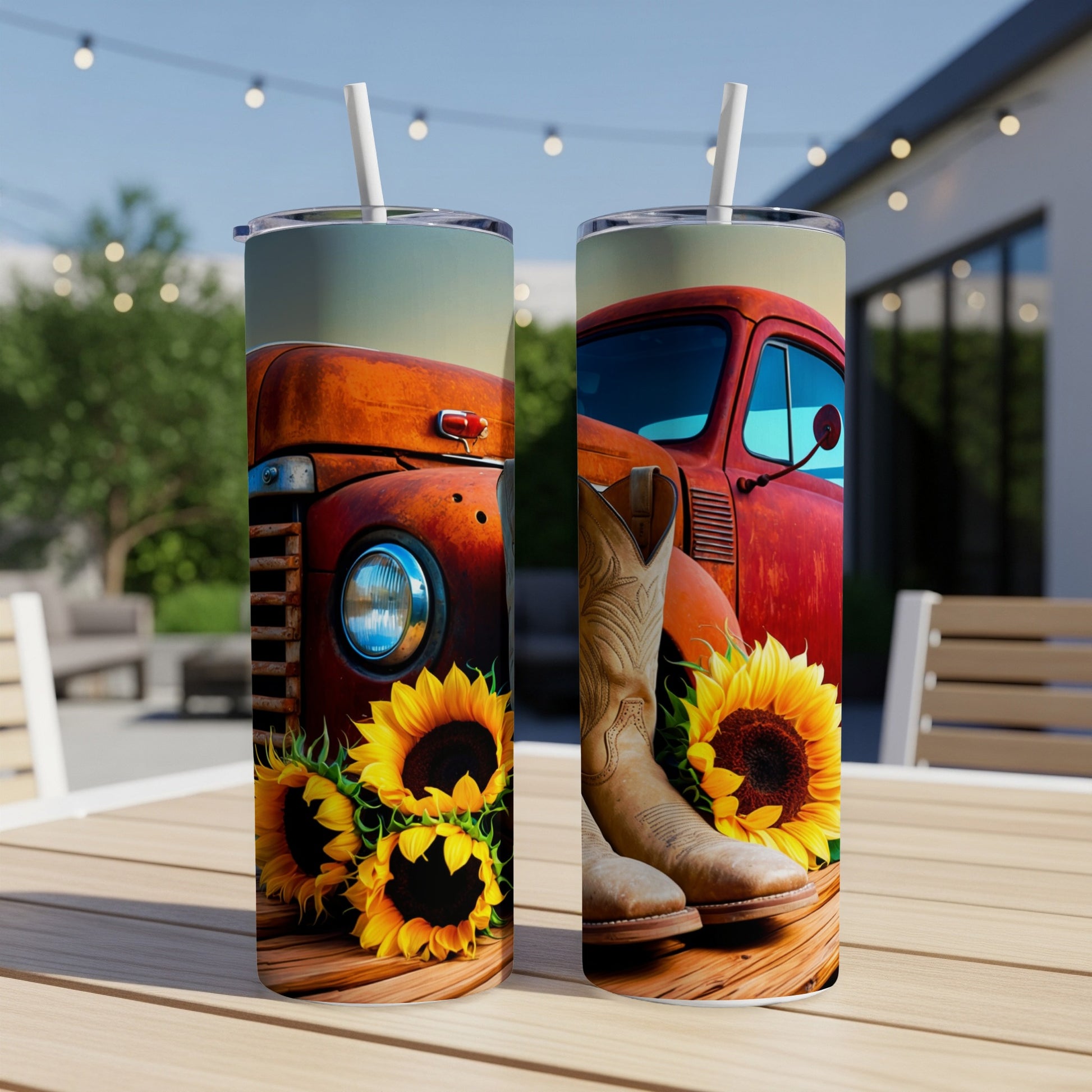 Red vintage truck with sunflowers and cowboy boots on a rustic background.