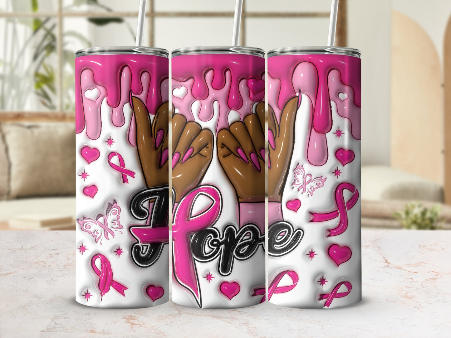 Pink ribbon and butterfly tumbler with "Hope" text and hands forming a heart.