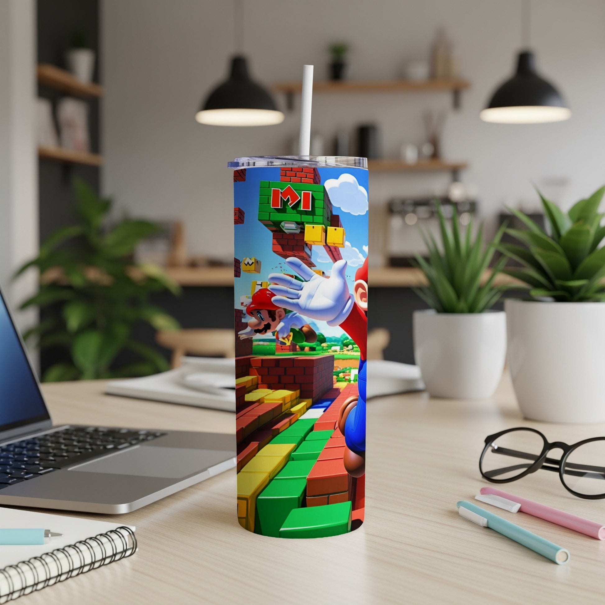 Mario characters running on colorful blocks with a white straw sticking out.