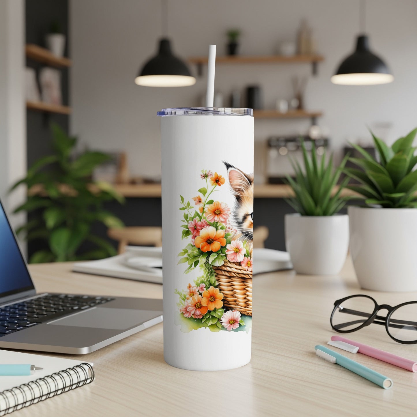 White tumbler with watercolor fox and floral basket design.