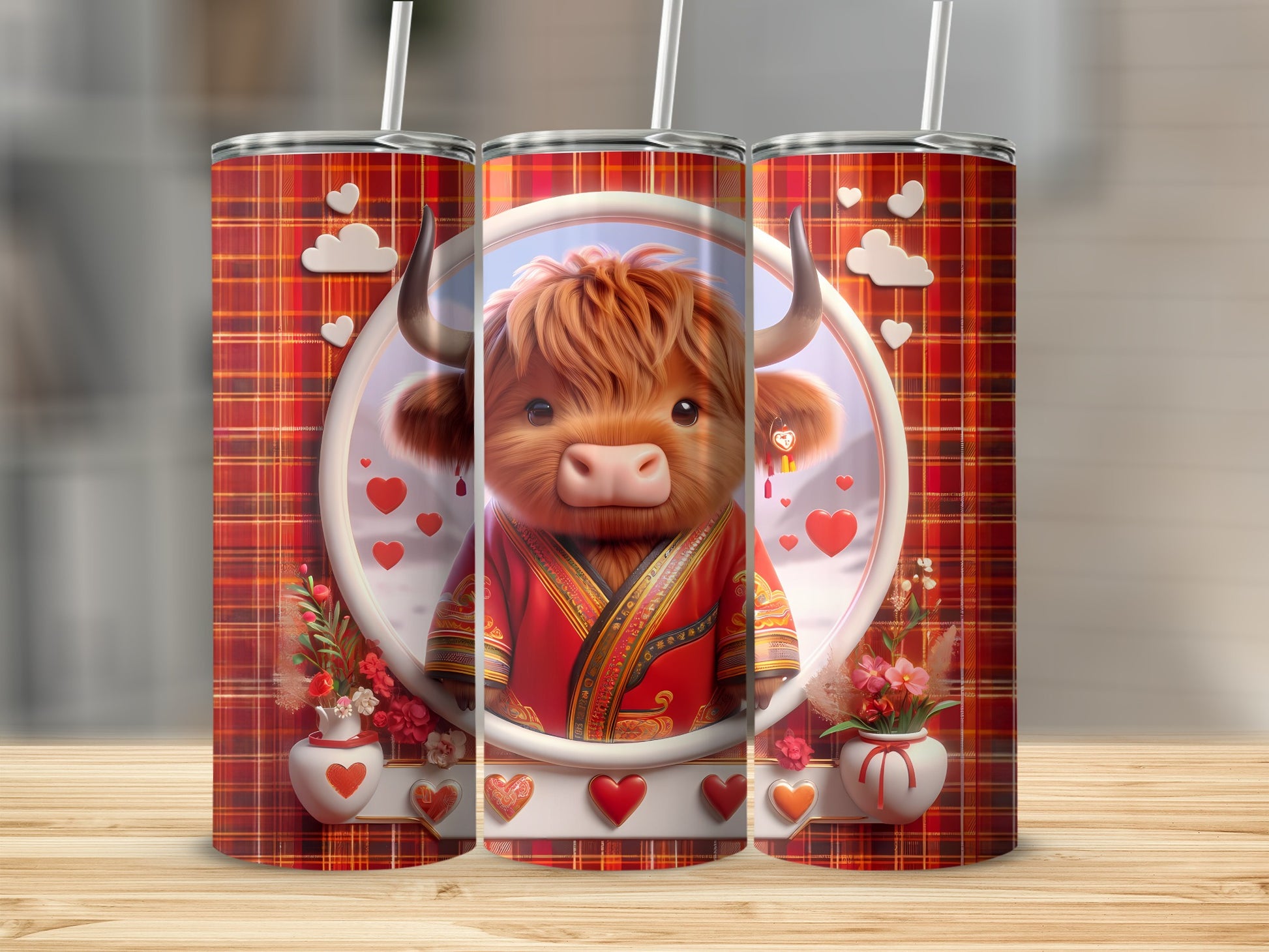 Cute Highland cow on a plaid tumbler with hearts and flowers.