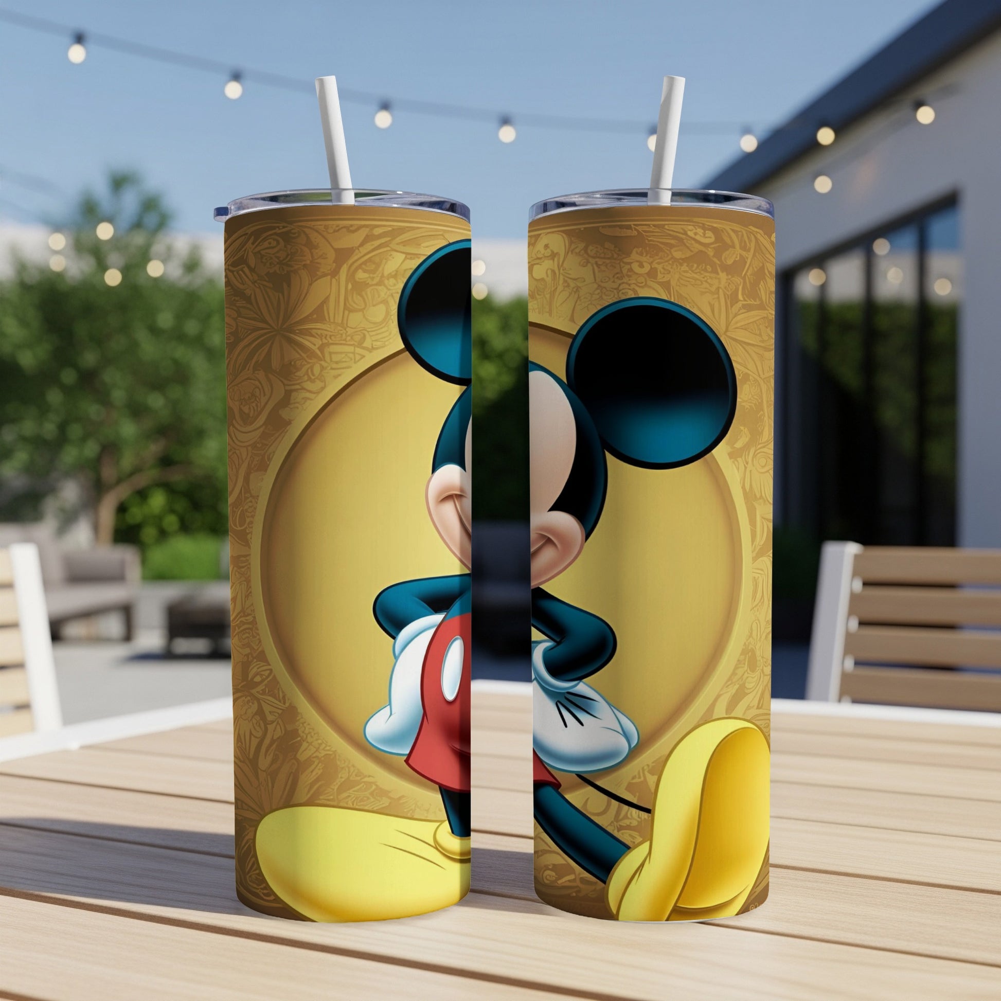 Two tumblers featuring Mickey Mouse in front of a gold textured background.