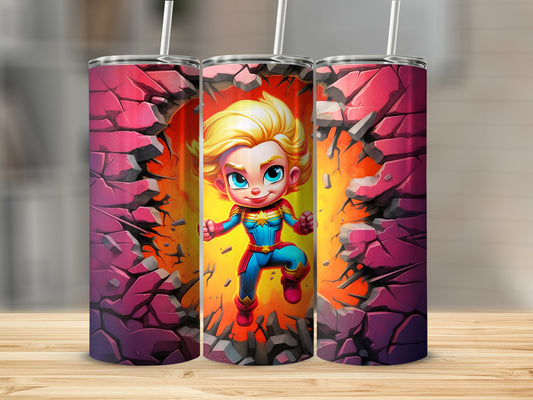 Superhero Kid Shattering Through Wall Tumbler Design