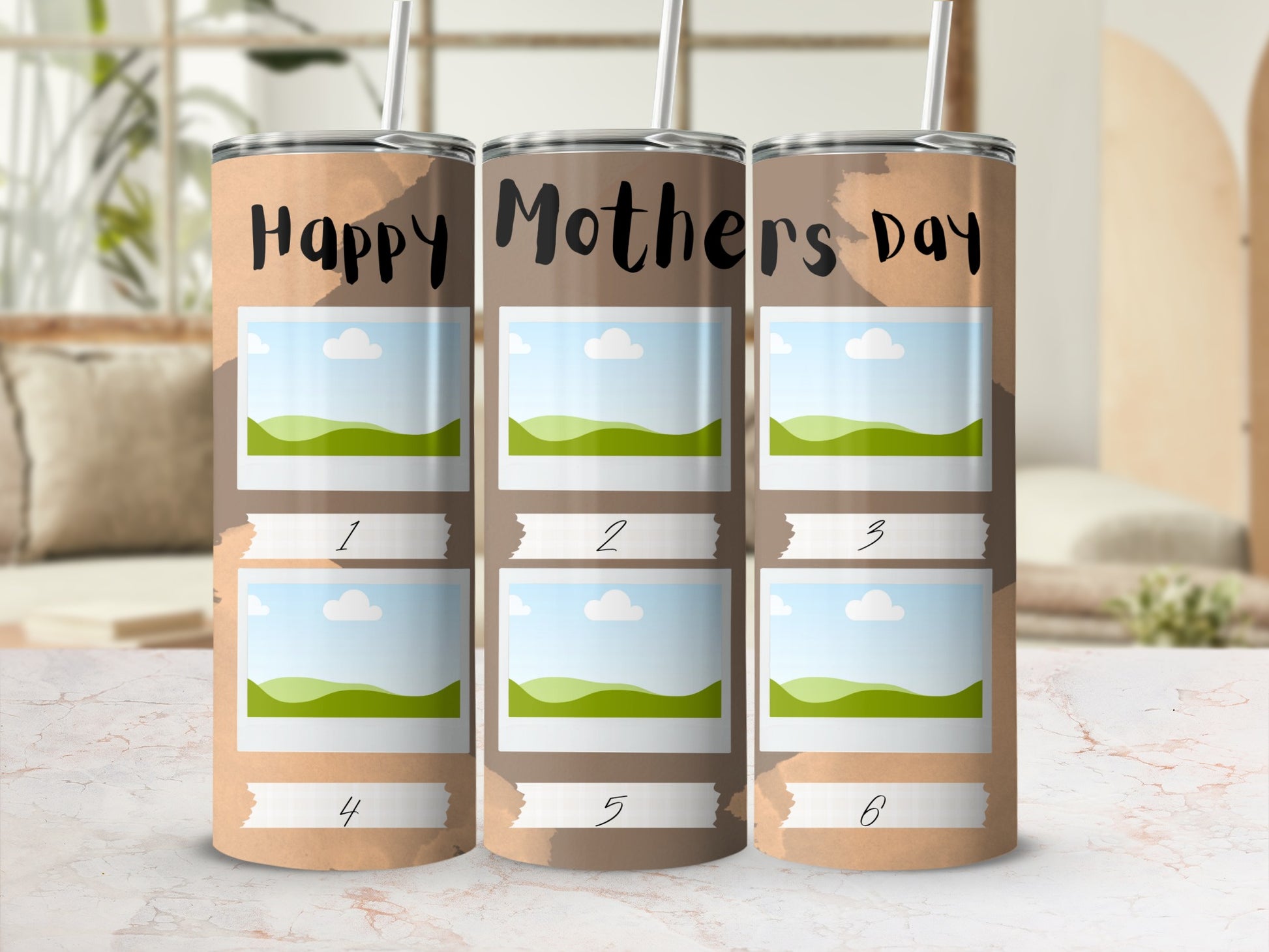 Tumbler with "Happy Mothers Day" and six numbered photo placeholders.