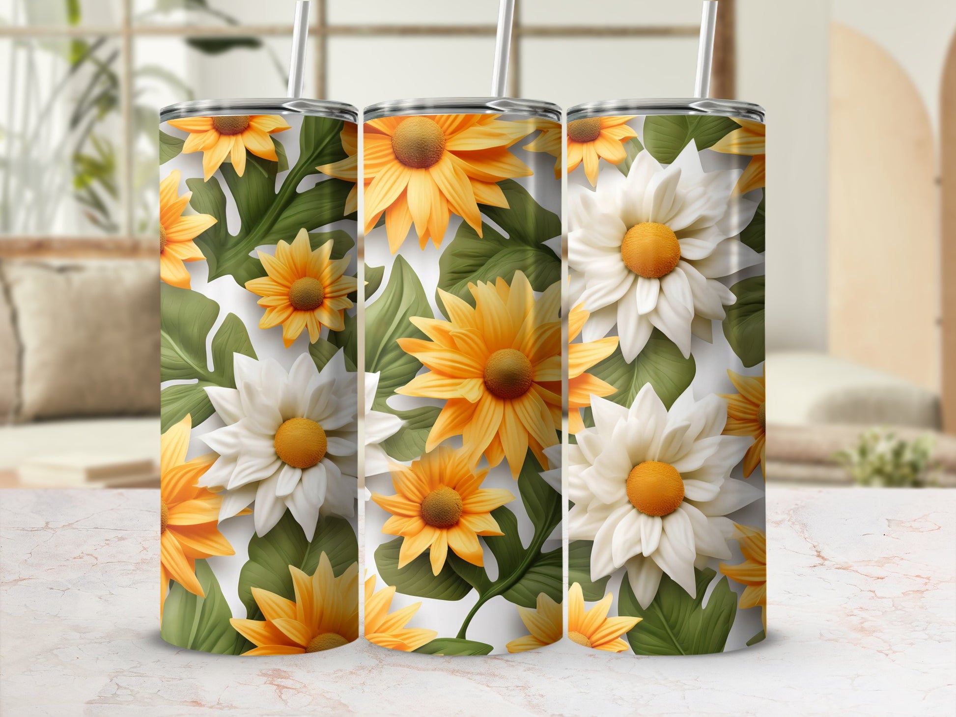 Vibrant Yellow and White Daisy Floral Design Tumbler