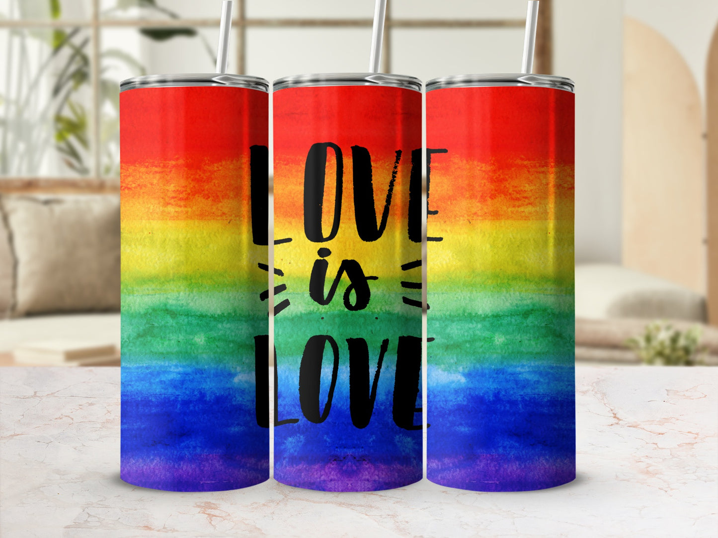 Rainbow watercolor tumblers with "LOVE IS LOVE" text.